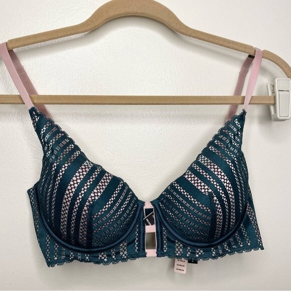 Victorias Secret Bra Very Sexy Lightly Lined Plunge Lace New Green Pink Size 34C - Picture 2 of 7